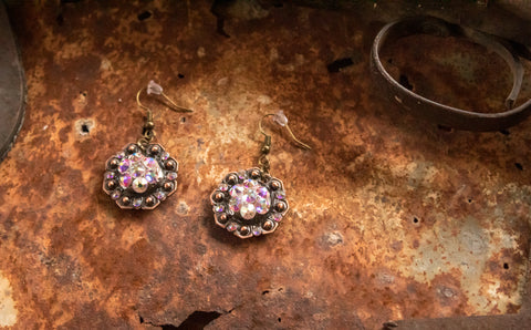 1" Copper Octagon Berry Concho Earrings - Crystal AB