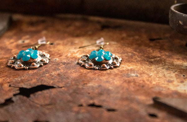 1" Copper Berry Concho Earrings - Caribbean Blue Opal