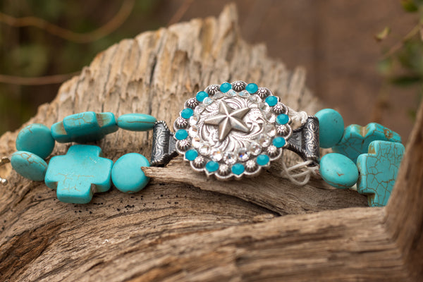 Custom Concho Bracelet with Turquoise Cross Beads