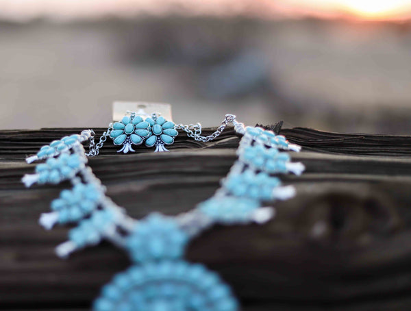 Antique Silver & Turquoise Squash Blossom Necklace