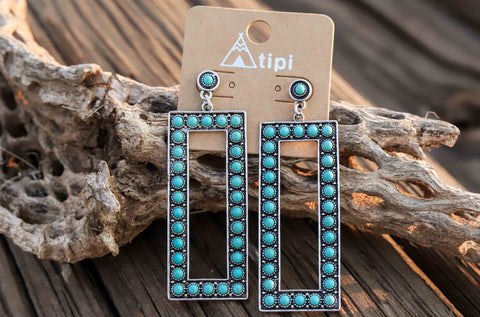 Burnished Silver Turquoise Western Semi Stone Rectangular Earring