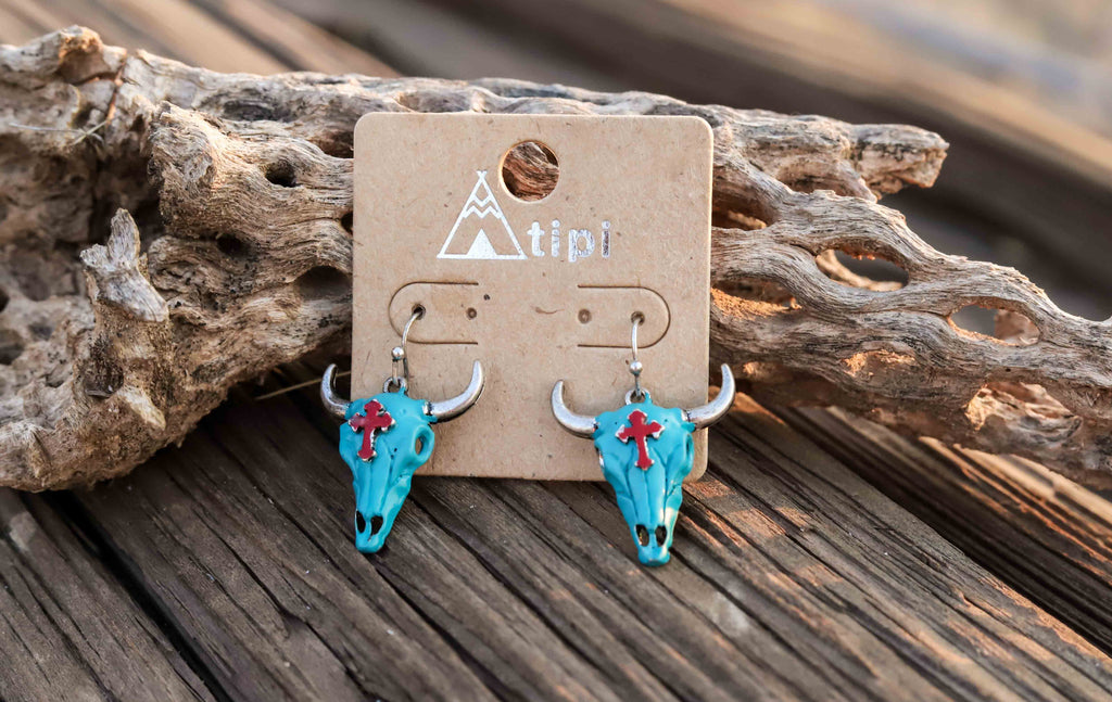 Burnished Silver and Turquoise Bull Head Earring