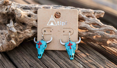 Burnished Silver and Turquoise Bull Head Earring