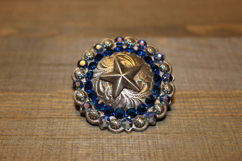 1 3/4" Custom Antique Silver Star Berry Concho - Capri Blue and Sapphire AB