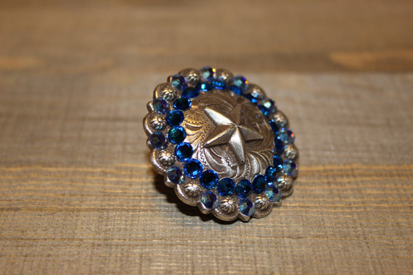 1 3/4" Custom Antique Silver Star Berry Concho - Capri Blue and Sapphire AB