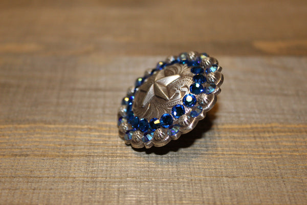 1 3/4" Custom Antique Silver Star Berry Concho - Capri Blue and Sapphire AB