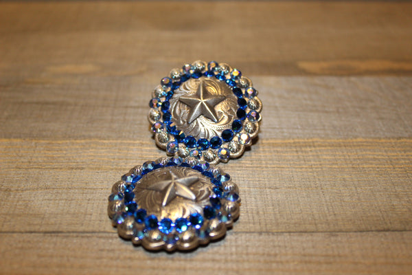 1 3/4" Custom Antique Silver Star Berry Concho - Capri Blue and Sapphire AB