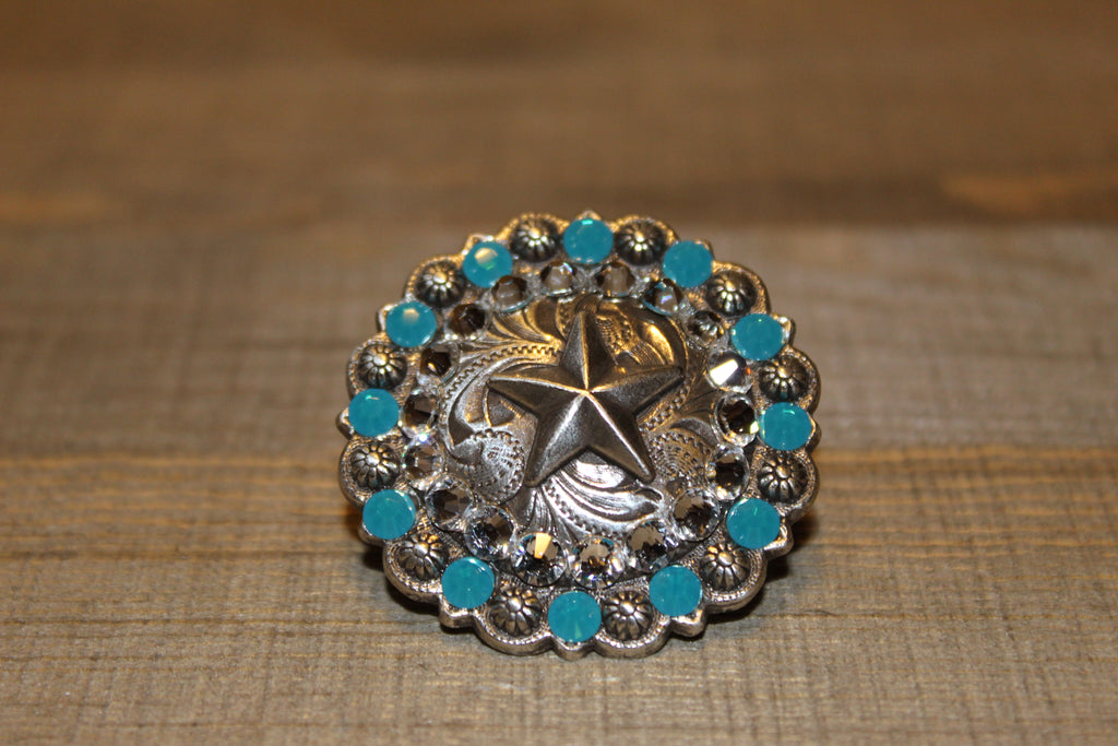 1 3/4" Custom Antique Silver Star Berry Concho - Crystal and Caribbean Blue Opal