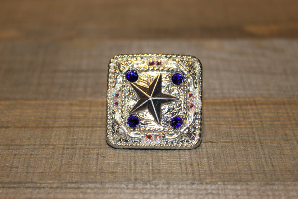 1 1/4" Custom Shiny Silver Star / Longhorn Concho - Cobalt and Crystal AB