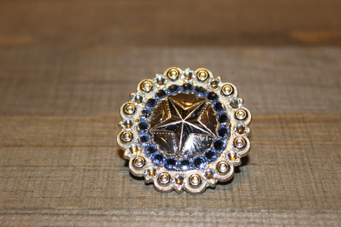 1 1/2" Custom Shiny Silver Star Berry Concho - Light Sapphire and Crystal