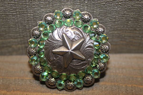 1 3/4" Custom Antique Silver Star Berry Concho - Peridot and Peridot AB