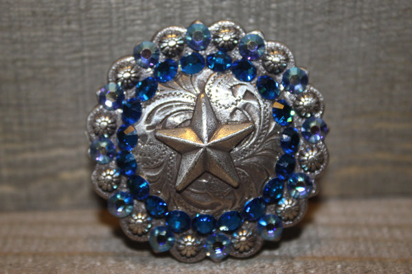 1 3/4" Custom Antique Silver Star Berry Concho - Capri Blue and Sapphire AB