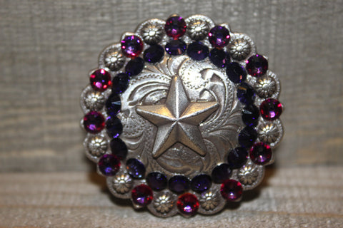 1 3/4" Custom Antique Silver Star Concho - Purple Velvet and Crystal Volcano