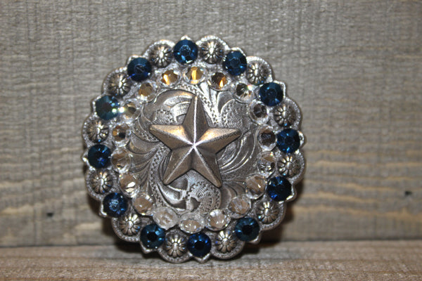 1 3/4" Custom Antique Silver Star Berry Concho - Crystal and Metallic Blue