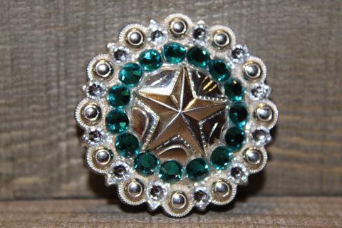 1 1/2" Custom Shiny Silver Star Berry Concho - Blue Zircon and Crystal