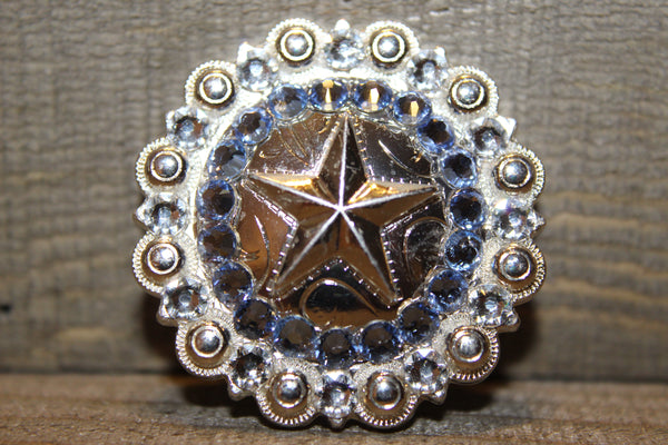 1 1/2" Custom Shiny Silver Star Berry Concho - Light Sapphire and Crystal