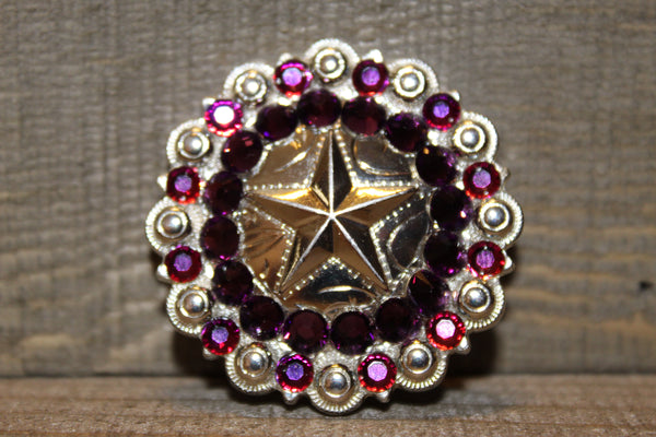 1 1/2" Custom Shiny Silver Star Berry Concho - Purple Velvet and Crystal Volcano