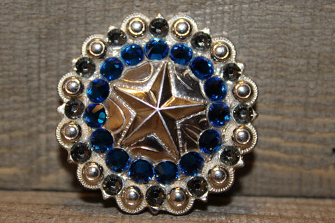 1 1/2" Custom Shiny Silver Star Berry Concho - Capri Blue and Black Diamond