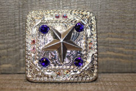 1 1/4" Custom Shiny Silver Star / Longhorn Concho - Cobalt and Crystal AB