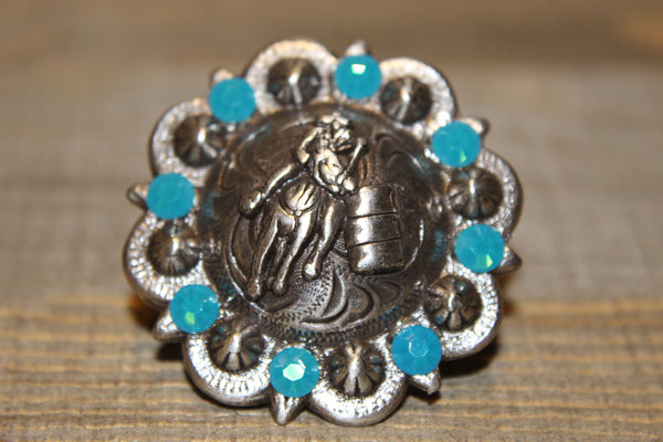 1 1/2" Custom Antique Silver Barrel Racer Concho - Caribbean Blue Opal