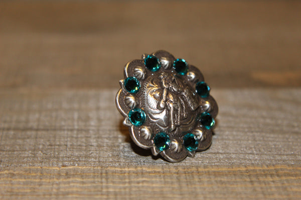 1 1/4" Custom Antique Silver Barrel Racer Concho - Blue Zircon