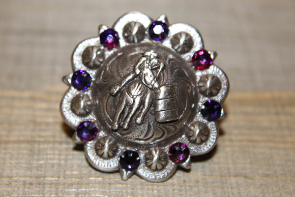 1 1/2" Custom Antique Silver Barrel Racer Concho - Crystal Volcano and Purple Velvet