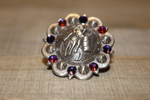 1 1/2" Custom Antique Silver Barrel Racer Concho - Crystal Volcano and Purple Velvet