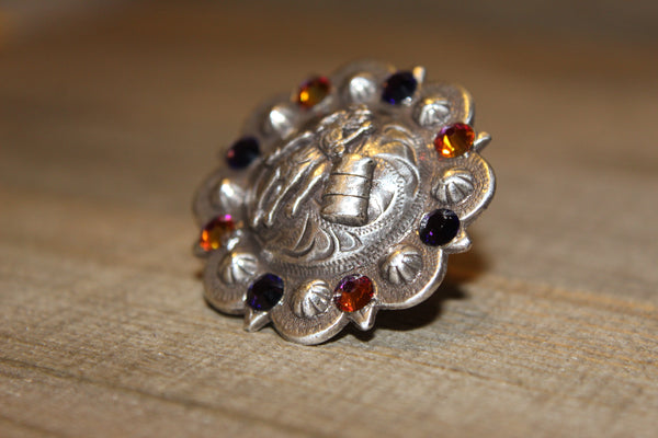 1 1/2" Custom Antique Silver Barrel Racer Concho - Crystal Volcano and Purple Velvet