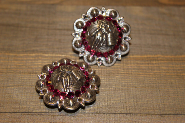 1 3/4" Custom Antique Silver Barrel Racer Concho - Fuchsia and Crystal