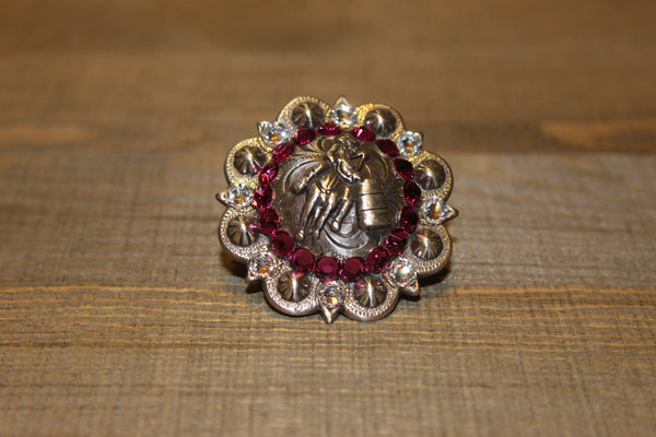 1 3/4" Custom Antique Silver Barrel Racer Concho - Fuchsia and Crystal