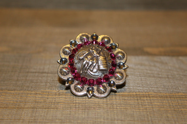 1 3/4" Custom Antique Silver Barrel Racer Concho - Fuchsia and Black Diamond