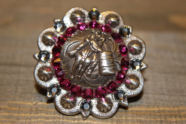 1 3/4" Custom Antique Silver Barrel Racer Concho - Fuchsia and Black Diamond