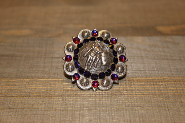 1 3/4" Custom Antique Silver Barrel Racer Concho - Purple Velvet and Crystal Volcano