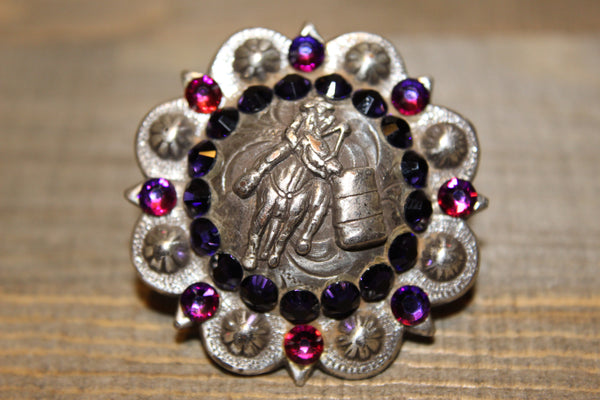 1 3/4" Custom Antique Silver Barrel Racer Concho - Purple Velvet and Crystal Volcano