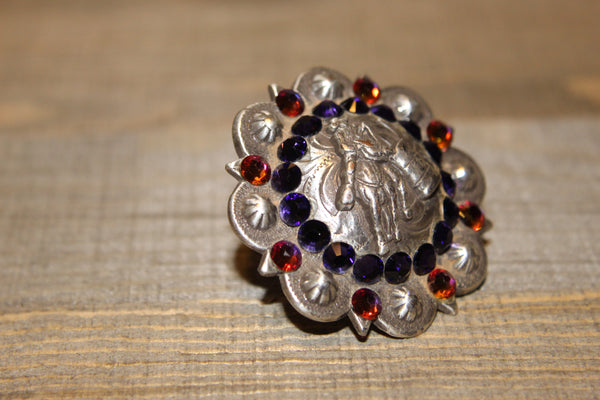 1 3/4" Custom Antique Silver Barrel Racer Concho - Purple Velvet and Crystal Volcano