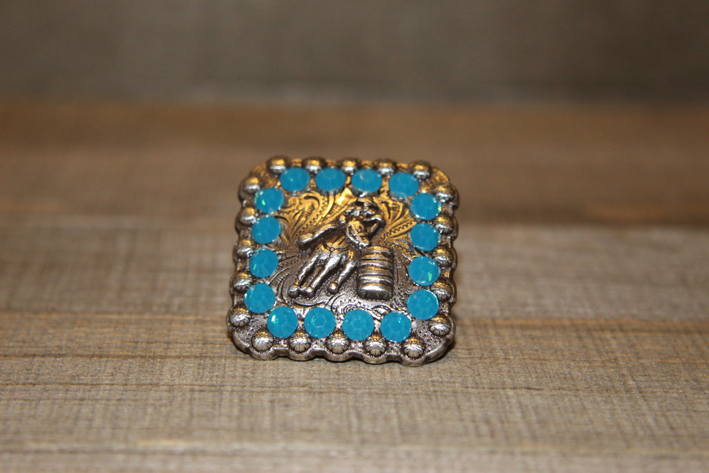 1 3/8" Custom Antique Silver Barrel Racer Concho - Caribbean Blue Opal