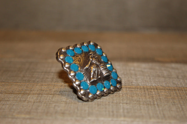 1 3/8" Custom Antique Silver Barrel Racer Concho - Caribbean Blue Opal