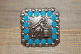 1 3/8" Custom Antique Silver Barrel Racer Concho - Caribbean Blue Opal