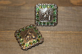 1 3/8" Custom Antique Silver Square Barrel Racer Concho - Peridot and Peridot AB