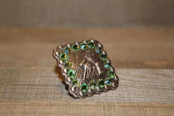 1 3/8" Custom Antique Silver Square Barrel Racer Concho - Peridot and Peridot AB