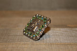 1 3/8" Custom Antique Silver Square Barrel Racer Concho - Peridot and Peridot AB