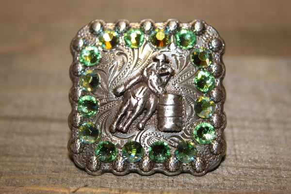 1 3/8" Custom Antique Silver Square Barrel Racer Concho - Peridot and Peridot AB