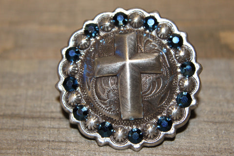 1 3/4" Custom Antique Silver Cross Concho - Crystal Metallic Blue