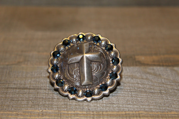 1 3/4" Custom Antique Silver Cross Concho - Crystal Metallic Blue