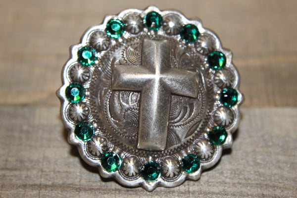 1 3/4" Custom Antique Silver Cross Concho - Emerald