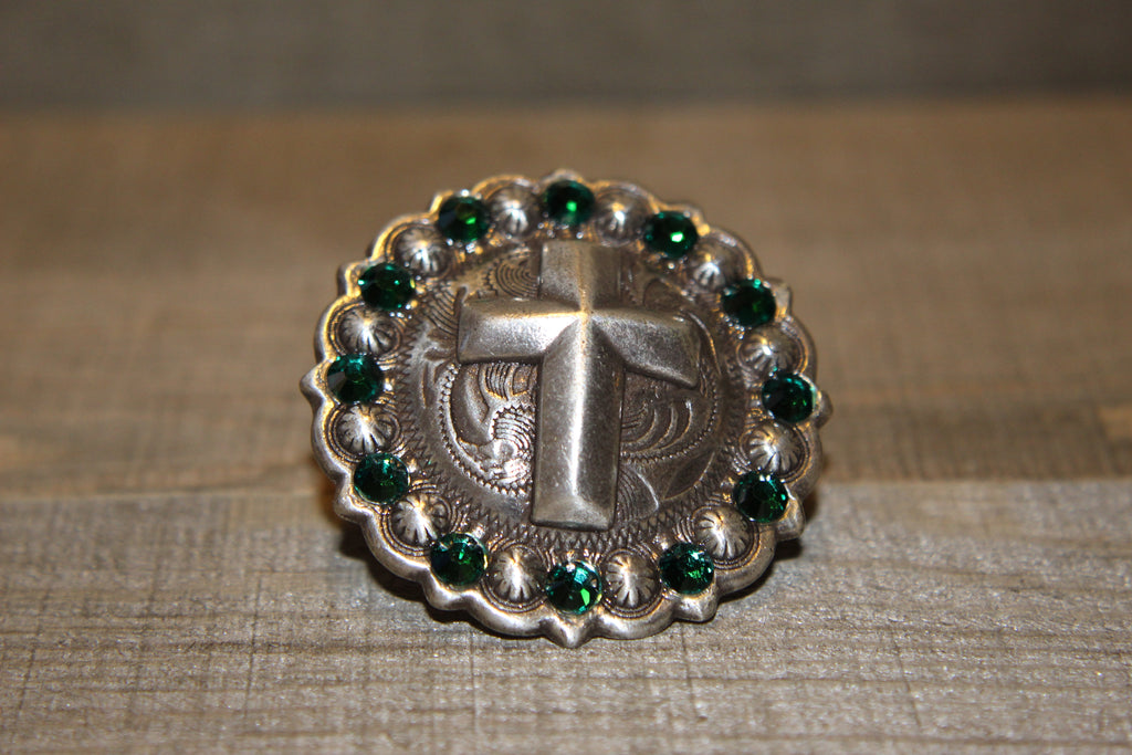 1 3/4" Custom Antique Silver Cross Concho - Emerald