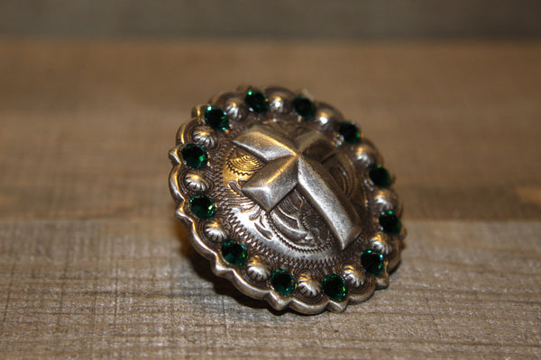 1 3/4" Custom Antique Silver Cross Concho - Emerald