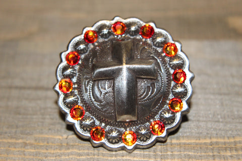 1 3/4" Custom Antique Silver Cross Concho - Fire Opal