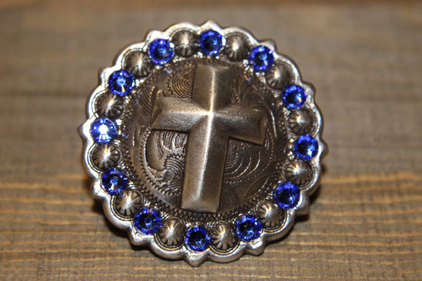 1 3/4" Custom Antique Silver Cross Concho - Sapphire