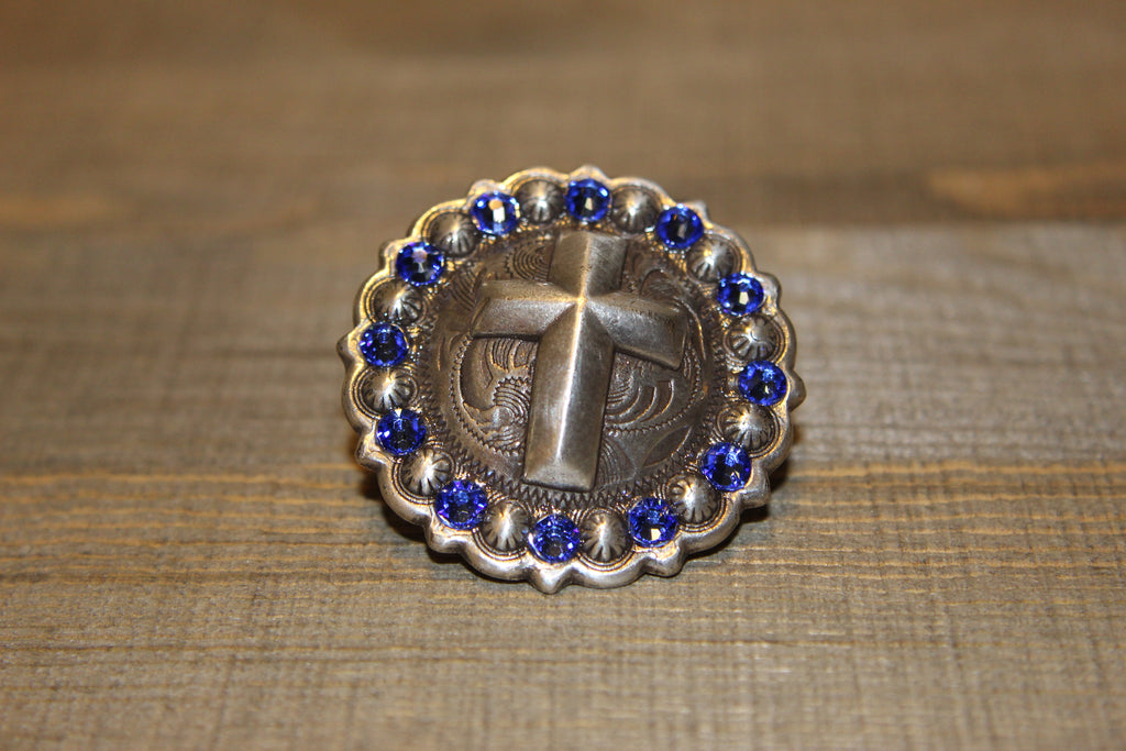 1 3/4" Custom Antique Silver Cross Concho - Sapphire